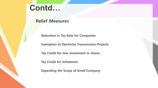 Contd…
Relief Measures
Reduction in Tax Rate for Companies
Exemption to Electricity Transmission Projects
Tax Credit for new investment in shares
Tax Credit for Enlistment
Expanding the Scope of Small Company
 