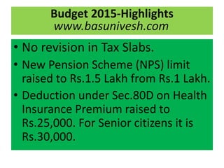 • No revision in Tax Slabs.
• New Pension Scheme (NPS) limit
raised to Rs.1.5 Lakh from Rs.1 Lakh.
• Deduction under Sec.80D on Health
Insurance Premium raised to
Rs.25,000. For Senior citizens it is
Rs.30,000.
Budget 2015-Highlights
www.basunivesh.com
 