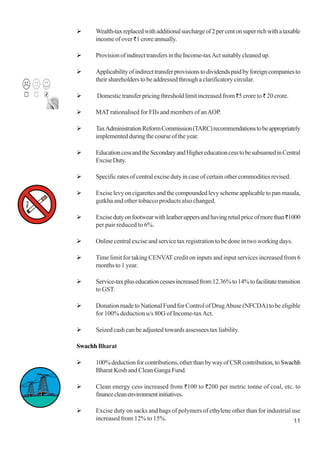 11
Wealth-taxreplacedwithadditionalsurchargeof2percentonsuperrichwithataxable
income of over`1 crore annually.
ProvisionofindirecttransfersintheIncome-taxActsuitablycleanedup.
Applicabilityofindirecttransferprovisionstodividendspaidbyforeigncompaniesto
their shareholders to be addressed through a clarificatory circular.
Domestic transfer pricing threshold limit increased from `5 crore to ` 20 crore.
MATrationalised for FIIs and members of anAOP.
TaxAdministrationReformCommission(TARC)recommendationstobeappropriately
implementedduringthecourseoftheyear.
EducationcessandtheSecondaryandHighereducationcesstobesubsumedinCentral
ExciseDuty.
Specific rates of central excise duty in case of certain other commodities revised.
Exciselevyoncigarettesandthecompoundedlevyschemeapplicabletopanmasala,
gutkha and other tobacco products also changed.
Excisedutyonfootwearwithleatheruppersandhavingretailpriceofmorethan`1000
per pair reduced to 6%.
Online central excise and service tax registration to be done in two working days.
Time limit for taking CENVAT credit on inputs and input services increased from 6
months to 1 year.
Service-taxpluseducationcessesincreasedfrom12.36%to14%tofacilitatetransition
to GST.
Donation made to National Fund for Control of DrugAbuse (NFCDA) to be eligible
for 100% deduction u/s 80G of Income-taxAct.
Seized cash can be adjusted towards assessees tax liability.
SwachhBharat
100%deductionforcontributions,otherthanbywayofCSRcontribution,toSwachh
Bharat Kosh and Clean Ganga Fund.
Clean energy cess increased from `100 to `200 per metric tonne of coal, etc. to
financecleanenvironmentinitiatives.
Excise duty on sacks and bags of polymers of ethylene other than for industrial use
increased from 12% to 15%.
 