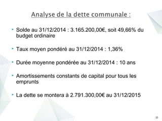  Solde au 31/12/2014 : 3.165.200,00€, soit 49,66% du
budget ordinaire
 Taux moyen pondéré au 31/12/2014 : 1,36%
 Durée moyenne pondérée au 31/12/2014 : 10 ans
 Amortissements constants de capital pour tous les
emprunts
 La dette se montera à 2.791.300,00€ au 31/12/2015
22
 