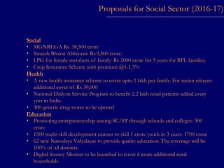 Proposals for Social Sector (2016-17)
Social
• MGNREGA Rs. 38,500 crore
• Swacch Bharat Abhiyaan: Rs.9,500 crore.
• LPG for female members of family: Rs 2000 crore for 5 years for BPL families.
• Crop Insurance Scheme with premium @1-1.5%
Health
• A new health insurance scheme to cover upto 1 lakh per family. For senior citizens
additional cover of Rs 30,000
• National Dialysis Service Program to benefit 2.2 lakh renal patients added every
year in India.
• 300 generic drug stores to be opened
Education
• Promoting entrepreneurship among SC/ST through schools and colleges: 500
crore
• 1500 multi-skill development centres to skill 1 crore youth in 3 years: 1700 crore
• 62 new Navodaya Vidyalayas to provide quality education. The coverage will be
100% of all districts.
• Digital literacy Mission to be launched to cover 6 crore additional rural
households
 