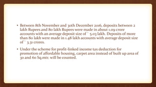 • Between 8th November and 30th December 2016, deposits between 2
lakh Rupees and 80 lakh Rupees were made in about 1.09 crore
accounts with an average deposit size of ` 5.03 lakh. Deposits of more
than 80 lakh were made in 1.48 lakh accounts with average deposit size
of ` 3.31 crores.
• Under the scheme for profit-linked income tax deduction for
promotion of affordable housing, carpet area instead of built up area of
30 and 60 Sq.mtr. will be counted.
 