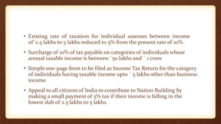 • Existing rate of taxation for individual assesses between income
of`2.5 lakhs to 5 lakhs reduced to 5% from the present rate of 10%
• Surcharge of 10% of tax payable on categories of individuals whose
annual taxable income is between `50 lakhs and ` 1 crore
• Simple one-page form to be filed as Income Tax Return for the category
of individuals having taxable income upto ` 5 lakhs other than business
income
• Appeal to all citizens of India to contribute to Nation Building by
making a small payment of 5% tax if their income is falling in the
lowest slab of 2.5 lakhs to 5 lakhs.
 