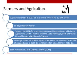 Farmers and Agriculture
Agricultural credit in 2017-18 at a record level of Rs. 10 lakh crores
60 days interest waiver
Support NABARD for computerisation and integration of all Primary
Agriculture Credit Societies with the Core Banking System of District
Central Cooperative Banks in 3 years.
Coverage under Fasal Bima Yojana scheme will be increased from 30%
of cropped area in 2016-17 to 40% in 2017-18 and 50% in 2018-19.
New mini labs in Krishi Vigyan Kendras (KVKs)
 