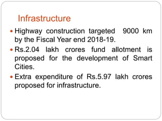 Infrastructure
 Highway construction targeted 9000 km
by the Fiscal Year end 2018-19.
 Rs.2.04 lakh crores fund allotment is
proposed for the development of Smart
Cities.
 Extra expenditure of Rs.5.97 lakh crores
proposed for infrastructure.
 