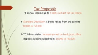 Tax Proposals
 annual income up to 5 lakhs will get full tax rebate.
 Standard Deduction is being raised from the current
40,000 to 50,000.
 TDS threshold on interest earned on bank/post office
deposits is being raised from 10,000 to 40,000.
 