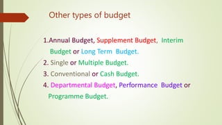 Other types of budget
1.Annual Budget, Supplement Budget, Interim
Budget or Long Term Budget.
2. Single or Multiple Budget.
3. Conventional or Cash Budget.
4. Departmental Budget, Performance Budget or
Programme Budget.
 