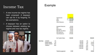 Income Tax
1. A new income tax regime has
been proposed. A taxpayer
can opt for it by forgoing 70
tax exemptions.
2. A taxpayer has an option to
choose between existing tax
regime and new tax regime.
Example
 