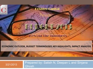 ECONOMIC OUTLOOK, BUDGET TERMINOLOGY, KEY HIGHLIGHTS, IMPACT ANALYSIS




                 Prepared by: Satish N, Deepan L and Sinjana
  3/21/2013
                 Ghosh
 