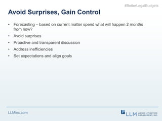 LLMinc.com
Avoid Surprises, Gain Control
• Forecasting – based on current matter spend what will happen 2 months
from now?...