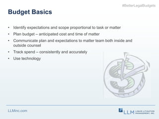 LLMinc.com
Budget Basics
• Identify expectations and scope proportional to task or matter
• Plan budget – anticipated cost...