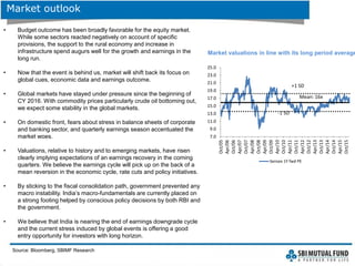 Market outlook
• Budget outcome has been broadly favorable for the equity market.
While some sectors reacted negatively on account of specific
provisions, the support to the rural economy and increase in
infrastructure spend augurs well for the growth and earnings in the
long run.
• Now that the event is behind us, market will shift back its focus on
global cues, economic data and earnings outcome.
• Global markets have stayed under pressure since the beginning of
CY 2016. With commodity prices particularly crude oil bottoming out,
we expect some stability in the global markets.
• On domestic front, fears about stress in balance sheets of corporate
and banking sector, and quarterly earnings season accentuated the
market woes.
• Valuations, relative to history and to emerging markets, have risen
clearly implying expectations of an earnings recovery in the coming
quarters. We believe the earnings cycle will pick up on the back of a
mean reversion in the economic cycle, rate cuts and policy initiatives.
• By sticking to the fiscal consolidation path, government prevented any
macro instability. India’s macro-fundamentals are currently placed on
a strong footing helped by conscious policy decisions by both RBI and
the government.
• We believe that India is nearing the end of earnings downgrade cycle
and the current stress induced by global events is offering a good
entry opportunity for investors with long horizon.
Market valuations in line with its long period average
Source: Bloomberg, SBIMF Research
7.0
9.0
11.0
13.0
15.0
17.0
19.0
21.0
23.0
25.0
Oct/05
Apr/06
Oct/06
Apr/07
Oct/07
Apr/08
Oct/08
Apr/09
Oct/09
Apr/10
Oct/10
Apr/11
Oct/11
Apr/12
Oct/12
Apr/13
Oct/13
Apr/14
Oct/14
Apr/15
Oct/15
Sensex 1Y fwd PE
Mean: 16x
+1 SD
-1 SD
 