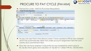 PROCURE TO PAY CYCLE (FM-MM)
´ Transaction code :-ME51N (Purchase Requisition)
´ As you can see that in the above screen I have created a PR for raw material
and it has automatically taken the under account assignment tab the fund
centre and commitment item.
´ Now the we have ordered 15 Quantity for raw material for which price is
Rs.162.46 which gives and valuation of 162.46*15 = 2436.9 PR No :-0010014954
 