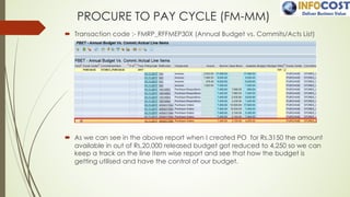 PROCURE TO PAY CYCLE (FM-MM)
´ Transaction code :- FMRP_RFFMEP30X (Annual Budget vs. Commits/Acts List)
´ As we can see in the above report when I created PO for Rs.3150 the amount
available in out of Rs,20,000 released budget got reduced to 4,250 so we can
keep a track on the line item wise report and see that how the budget is
getting utilised and have the control of our budget.
 