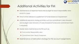 Additional Activities for FM
´ Maintenance of expense head wise budget for each responsibility area
once in a year
´ Time to time release & supplement of funds based on requirement
´ Additional year end closing activities such as commitment carry forward
and budget carry forward ( if carry forward of funds and commitment item
is required)
´ Master data maintenance for FM such as:
´ Fund centre: Responsibility area
´ Commitment item: Head of expenses
´ Maintenance of derivation strategy for FM account assignments
 