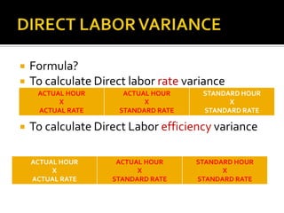 DIRECT LABOR VARIANCEFormula?To calculate Direct labor rate varianceTo calculate Direct Labor efficiency variance