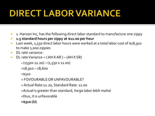 DIRECT LABOR VARIANCE1. Hanson Inc, has the following direct labor standard to manufacture one zippy1.5 standard hours per zippy at $12.00 per hourLast week, 1,550 direct labor hours were worked at a total labor cost of $18,910 to make 1,000 zippiesDL rate variance:DL rate Variance = ( AH X AR ) – (AH X SR)	= (1550x 12.20) – (1,550 x 12.00)=18,910 – 18,600=$310	= FOVOURABLE OR UNFAVOURABLE?	= Actual Rate:12.20, Standard Rate: 12.00	=Actual is greater than standard, harga labor lebihmahal	=thus, it is unfavorable=$310 (U)