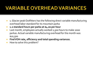 VARIABLE OVERHEAD VARIANCES1. Glacier peak Outfitters has the following direct variable manufacturing overhead labor standard for its mountain parka1.2 standard hours per parka at $4.00 per hourLast month, employees actually worked 2,500 hours to make 2000 parkas. Actual variable manufacturing overhead for the month was $10,500Find VOH rate, efficiency and total spending variances.How to solve this problem?