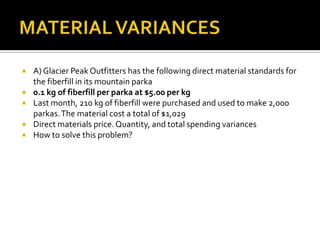 MATERIAL VARIANCES A) Glacier Peak Outfitters has the following direct material standards for the fiberfill in its mountain parka 0.1 kg of fiberfill per parka at $5.00 per kgLast month, 210 kg of fiberfill were purchased and used to make 2,000 parkas. The material cost a total of $1,029Direct materials price. Quantity, and total spending variancesHow to solve this problem?