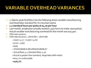 VARIABLE OVERHEAD VARIANCES1. Glacier peak Outfitters has the following direct variable manufacturing overhead labor standard for its mountain parka1.2 standard hours per parka at $4.00 per hourLast month, employees actually worked 2,500 hours to make 2000 parkas. Actual variable manufacturing overhead for the month was $10,500VOH rate variance:VOH rate Variance = ( AH X AR ) – (AH X SR)	= (2500 x 4.2) – (2,500 x 4.00)=5,115 – 4,650=$465	= FOVOURABLE OR UNFAVOURABLE?	= Actual Rate:4.2, Standard Rate: 4.00	=Actual is greater than standard, harga labor lebihmahal	=thus, it is unfavorable=$465 (U)