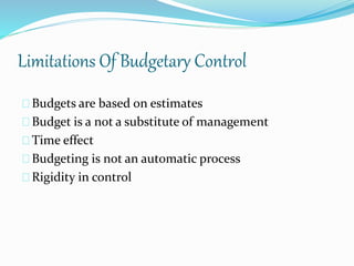 Limitations Of Budgetary Control 
Budgets are based on estimates 
Budget is a not a substitute of management 
Time effect 
Budgeting is not an automatic process 
Rigidity in control 
 