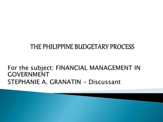 For the subject: FINANCIAL MANAGEMENT IN
GOVERNMENT
STEPHANIE A. GRANATIN - Discussant
 