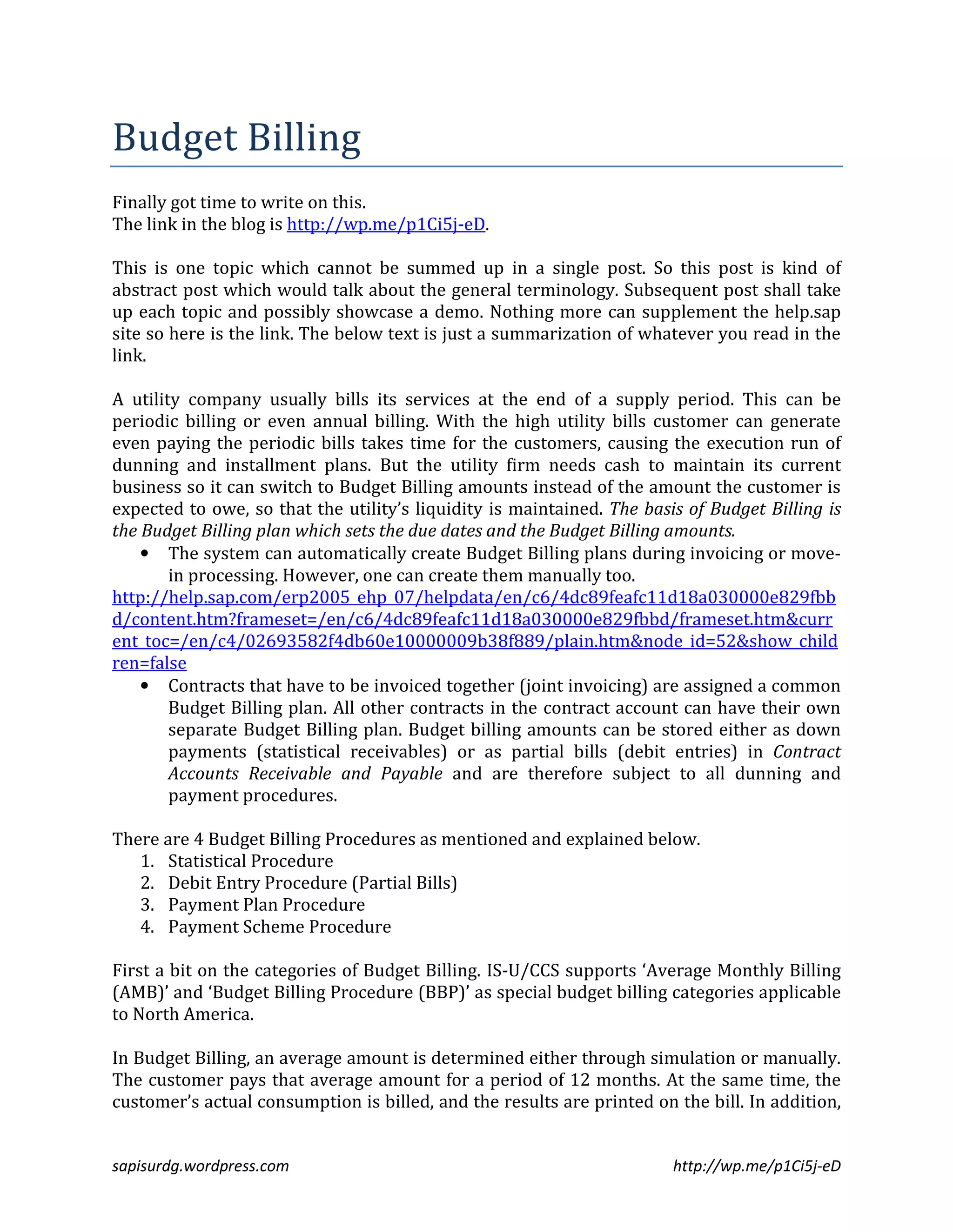 SAP ISU Budget Billing Basics PDF Credit Cards Personal Debt