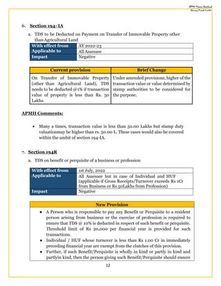 12
6. Section 194- IA
a. TDS to be Deducted on Payment on Transfer of Immovable Property other
than Agricultural Land
With effect from AY 2022-23
Applicable to All Assessee
Impact Negative
Current provision Brief Change
On Transfer of Immovable Property
(other than Agricultural Land), TDS
needs to be deducted @1% if transaction
value of property is less than Rs. 50
Lakhs.
Under amended provisions, higher of the
transaction value or value determined by
stamp authorities to be considered for
the purpose.
APMH Comments:
 Many a times, transaction value is less than 50.00 Lakhs but stamp duty
valuationmay be higher than rs. 50.00 L. These cases would also be covered
within the ambit of section 194-IA.
7. Section 194R
a. TDS on benefit or perquisite of a business or profession
With effect from 1st July, 2022
Applicable to All Assessee but in case of Individual and HUF
(applicable if Gross Receipts/Turnover exceeds Rs 1Cr
from Business or Rs 50Lakhs from Profession)
Impact Negative
New Provision
● A Person who is responsible to pay any Benefit or Perquisite to a resident
person arising from business or the exercise of profession is required to
ensure that TDS @ 10% is deducted in respect of such benefit or perquisite.
Threshold limit of Rs 20,000 per financial year is provided for such
transactions.
● Individual / HUF whose turnover is less than Rs 1.00 Cr in immediately
preceding financial year are exempt from the clutches of this provision.
● Further, if such Benefit/Perquisite is wholly in kind or partly in kind and
partlyin kind, then the person giving such Benefit/Perquisite should ensure
 