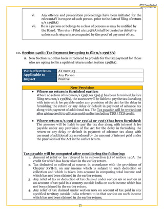 15
vi. Any offence and prosecution proceedings have been initiated for the
relevantAY in respect of such person, prior to the date of filing of return
u/s 139(8A)
vii. He is a person or belongs to a class of persons as may be notified by
the Board. The return Filed u/s 139(8A) shall be treated as defective
unless such return is accompanied by the proof of payment of tax.
10. Section 140B : Tax Payment for opting to file u/s 139(8A)
a. New Section 140B has been introduced to provide for the tax payment for those
who are opting to file a updated return under Section 139(8A).
With effect from AY 2022-23
Applicable to Any Person
Impact Positive
New Provision
● Where no return is furnished earlier:
Where no return of income u/s 139(1) or 139(4) has been furnished, before
filing return u/s 139(8A), the assessee will be liable to pay the tax due along
with interest & fee payable under any provision of the Act for the delay in
furnishing the return or any delay or default in payment of advance tax
along with payment of additional tax. The Tax payable will be worked out
after giving credit to all taxes paid earlier including TDS / TCS credit.
● Where return u/s 139(1) or 139(4) or 139(5) has been furnished:
The assessee will be liable to pay the tax due along with interest & fee
payable under any provision of the Act for the delay in furnishing the
return or any delay or default in payment of advance tax along with
payment of additional tax as reduced by the amount of interest paid under
the provisions of the Act in the earlier return.
Tax payable will be computed after considering the following:
1. Amount of relief or tax referred to in sub-section (1) of section 140A, the
credit for which has been taken in the earlier return.
2. Tax deducted or collected at source, in accordance with the provisions of
Chapter XVII-B, on any income which is subject to such deduction or
collection and which is taken into account in computing total income and
which has not been claimed in the earlier return;
3. Any relief of tax or deduction of tax claimed under section 90 or section 91
on account of tax paid in a country outside India on such income which has
not been claimed in the earlier return;
4. Any relief of tax claimed under section 90A on account of tax paid in any
specified territory outside India referred to in that section on such income
which has not been claimed in the earlier return;
 