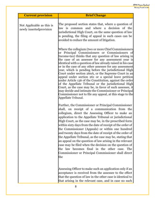 8
Current provision Brief Change
Not Applicable as this is
newly insertedprovision
The proposed section states that, where a question of
law is common and where a decision of the
jurisdictional High Court, on the same question of law
is pending, the filing of appeal in such cases can be
avoided to reduce the amount of litigation.
Where the collegium (two or more Chief Commissioners
or Principal Commissioners or Commissioners of
Income-tax) thinks that any question of law arising in
the case of an assessee for any assessment year is
identical with a question of law already raised in his case
or in the case of any other assessee for any assessment
year, which is pending before the jurisdictional High
Court under section 260A, or the Supreme Court in an
appeal under section 261 or a special leave petition
under Article 136 of the Constitution, against the order
of the Appellate Tribunal or the jurisdictional High
Court, as the case may be, in favor of such assessee, it
may decide and intimate the Commissioner or Principal
Commissioner not to file any appeal, at this stage to the
Appellate Tribunal.
Further, the Commissioner or Principal Commissioner
shall, on receipt of a communication from the
collegium, direct the Assessing Officer to make an
application to the Appellate Tribunal or jurisdictional
High Court, as the case may be, in the prescribed form
within sixty days from the date of receipt of the order of
the Commissioner (Appeals) or within one hundred
and twenty days from the date of receipt of the order of
the Appellate Tribunal, as the case may be, stating that
an appeal on the question of law arising in the relevant
case may be filed when the decision on the question of
the law becomes final in the other case. The
Commissioner or Principal Commissioner shall direct
the
Assessing Officer to make such an application only if an
acceptance is received from the assessee to the effect
that the question of law in the other case is identical to
that arising in the relevant case, and in case no such
 