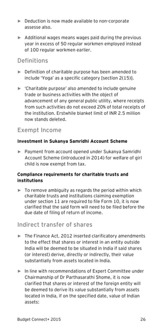 Budget Connect+ 2015 26
► Deduction is now made available to non-corporate
assesse also.
► Additional wages means wages paid during the previous
year in excess of 50 regular workmen employed instead
of 100 regular workmen earlier.
Definitions
► Definition of charitable purpose has been amended to
include ‘Yoga’ as a specific category [section 2(15)].
► ‘Charitable purpose’ also amended to include genuine
trade or business activities with the object of
advancement of any general public utility, where receipts
from such activities do not exceed 20% of total receipts of
the institution. Erstwhile blanket limit of INR 2.5 million
now stands deleted.
Exempt Income
Investment in Sukanya Samridhi Account Scheme
► Payment from account opened under Sukanya Samridhi
Account Scheme (introduced in 2014) for welfare of girl
child is now exempt from tax.
Compliance requirements for charitable trusts and
institutions
► To remove ambiguity as regards the period within which
charitable trusts and institutions claiming exemption
under section 11 are required to file Form 10, it is now
clarified that the said form will need to be filed before the
due date of filing of return of income.
Indirect transfer of shares
► The Finance Act, 2012 inserted clarificatory amendments
to the effect that shares or interest in an entity outside
India will be deemed to be situated in India if said shares
(or interest) derive, directly or indirectly, their value
substantially from assets located in India.
► In line with recommendations of Expert Committee under
Chairmanship of Dr Parthasarathi Shome, it is now
clarified that shares or interest of the foreign entity will
be deemed to derive its value substantially from assets
located in India, if on the specified date, value of Indian
assets:
 