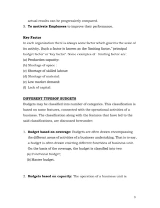3
actual results can be progressively compared.
5. To motivate Employees to improve their performance.
Key Factor
In each organization there is always some factor which governs the scale of
its activity. Such a factor is known as the ‘limiting factor,’ ‘principal
budget factor’ or ‘key factor’. Some examples of limiting factor are:
(a) Production capacity:
(b) Shortage of space :
(c) Shortage of skilled labour:
(d) Shortage of material:
(e) Low market demand:
(f) Lack of capital:
DIFFERENT TYPESOF BUDGETS
Budgets may be classified into number of categories. This classification is
based on some features, connected with the operational activities of a
business. The classification along with the features that have led to the
said classifications, are discussed hereunder:
1. Budget based on coverage: Budgets are often drawn encompassing
the different areas of activities of a business undertaking. That is to say,
a budget is often drawn covering different functions of business unit.
On the basis of the coverage, the budget is classified into two
(a) Functional budget;
(b) Master budget.
2. Budgets based on capacity: The operation of a business unit is
 