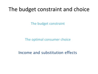 The budget constraint and choice
The budget constraint
The optimal consumer choice
Income and substitution effects
 
