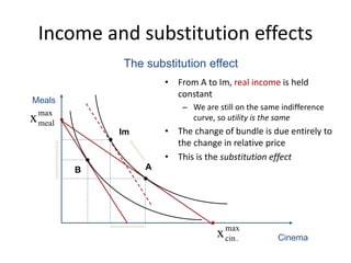 Income and substitution effects
• From A to Im, real income is held
constant
– We are still on the same indifference
curve, so utility is the same
• The change of bundle is due entirely to
the change in relative price
• This is the substitution effect


max
cin.x Cinema
Meals
max
mealx

A

B
The substitution effect

Im
 