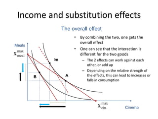 Income and substitution effects
• By combining the two, one gets the
overall effect
• One can see that the interaction is
different for the two goods
– The 2 effects can work against each
other, or add up
– Depending on the relative strength of
the effects, this can lead to increases or
falls in consumption


max
cin.x Cinema
Meals
max
mealx

A

B
The overall effect

Im
 