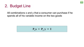 2. Budget Line
All combinations x and y that a consumer can purchase if he
spends all of his variable income on the two goods
10
Pxx + Py y = I
 