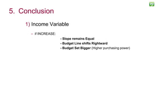 1) Income Variable
– if INCREASE:
- Slope remains Equal
- Budget Line shifts Rightward
- Budget Set Bigger (Higher purchasing power)
124
5. Conclusion
 