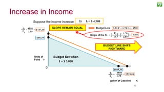 4646
Suppose the income increase from I = $3.000to I2 = $ 4.500
BUDGET LINE SHIFS
RIGHTWARD
SLOPE REMAIN EQUAL
Budget Set when
I = $ 3.000
Units of
Food F
gallon of Gasoline
0
Increase in Income
 