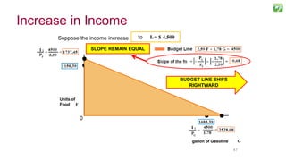 4747
Suppose the income increase from I = $3.000to I2 = $ 4.500
BUDGET LINE SHIFS
RIGHTWARD
SLOPE REMAIN EQUAL
Budget Set when
I = $ 3.000
Units of
Food F
gallon of Gasoline
0
Increase in Income
 