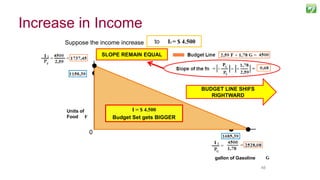 4848
Suppose the income increase from I = $3.000to I2 = $ 4.500
BUDGET LINE SHIFS
RIGHTWARD
SLOPE REMAIN EQUAL
Budget Set when
I = $ 3.000
Units of
Food F
I = $ 4.500
Budget Set gets BIGGER
gallon of Gasoline
0
Increase in Income
 