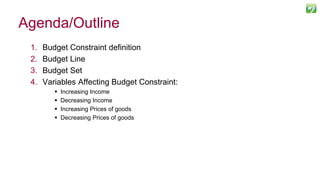 1. Budget Constraint definition
2. Budget Line
3. Budget Set
4. Variables Affecting Budget Constraint:
 Increasing Income
 Decreasing Income
 Increasing Prices of goods
 Decreasing Prices of goods
Agenda/Outline
 