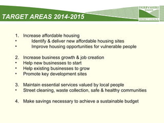 TARGET AREAS 2014-2015
1. Increase affordable housing
•
Identify & deliver new affordable housing sites
•
Improve housing opportunities for vulnerable people
2.
•
•
•

Increase business growth & job creation
Help new businesses to start
Help existing businesses to grow
Promote key development sites

3. Maintain essential services valued by local people
• Street cleaning, waste collection, safe & healthy communities
4. Make savings necessary to achieve a sustainable budget

 