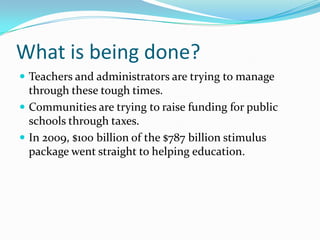 Impact on SchoolsBecause of these cuts, many programs are being cut as well. Programs, such as reading or fine arts, are also being cut due to budget restrictions. Genre Paintings and Hand Painted Ukiyo-e by asobitsuchiya