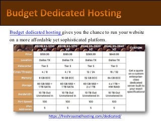 Budget dedicated hosting gives you the chance to run your website
on a more affordable yet sophisticated platform.
https://freshroastedhosting.com/dedicated/
 