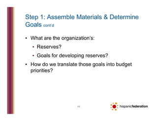 Step 1: Assemble Materials & Determine
Goals cont’d
19
▪ What are the organization’s:
▪ Reserves?
▪ Goals for developing r...