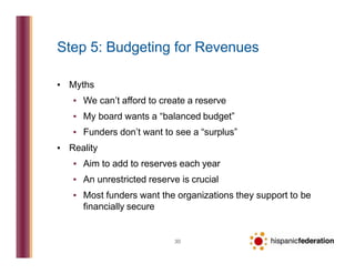 Step 5: Budgeting for Revenues
30
▪ Myths
▪ We can’t afford to create a reserve
▪ My board wants a “balanced budget”
▪ Fun...