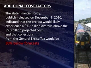 ADDITIONAL COST FACTORS
The state financial study,
publicly released on December 2, 2010,
indicated that the project would likely
experience a $1.7 billion overrun above the
$5.3 billion projected cost,
and that collections
from the General Excise Tax would be
30% below forecasts
 