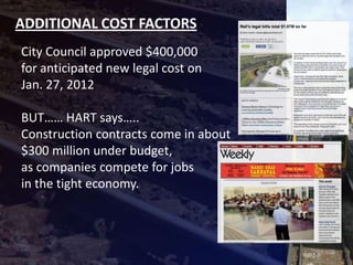 ADDITIONAL COST FACTORS
City Council approved $400,000
for anticipated new legal cost on
Jan. 27, 2012

BUT…… HART says…..
Construction contracts come in about
$300 million under budget,
as companies compete for jobs
in the tight economy.
 