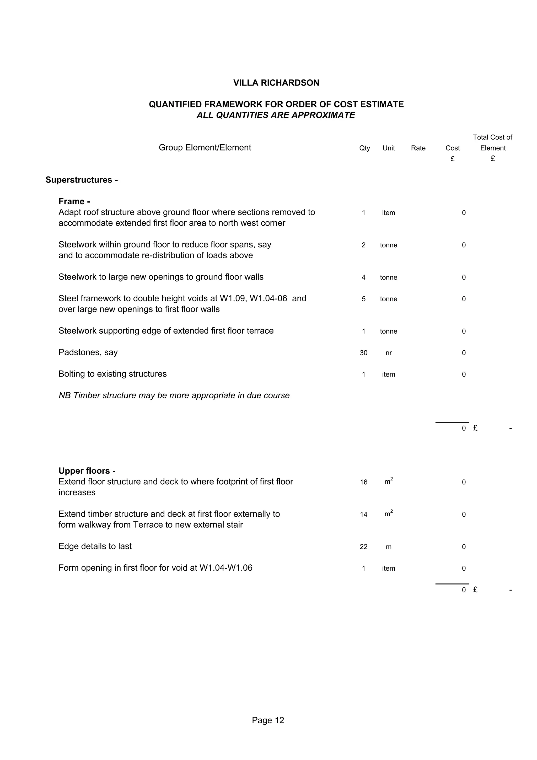 VILLA RICHARDSON

                            QUANTIFIED FRAMEWORK FOR ORDER OF COST ESTIMATE
                                     ALL QUANTITIES ARE APPROXIMATE

                                                                                                        Total Cost of
                              Group Element/Element                    Qty   Unit     Rate   Cost           Element
                                                                                              £               £

Superstructures -

   Frame -
   Adapt roof structure above ground floor where sections removed to   1     item                   0
   accommodate extended first floor area to north west corner

   Steelwork within ground floor to reduce floor spans, say            2     tonne                  0
   and to accommodate re-distribution of loads above

   Steelwork to large new openings to ground floor walls               4     tonne                  0


   Steel framework to double height voids at W1.09, W1.04-06 and       5     tonne                  0
   over large new openings to first floor walls

   Steelwork supporting edge of extended first floor terrace           1     tonne                  0


   Padstones, say                                                      30     nr                    0


   Bolting to existing structures                                      1     item                   0


   NB Timber structure may be more appropriate in due course


                                                                                                    0   £             -




   Upper floors -
                                                                                  2
   Extend floor structure and deck to where footprint of first floor   16     m                     0
   increases

                                                                                  2
   Extend timber structure and deck at first floor externally to       14     m                     0
   form walkway from Terrace to new external stair

   Edge details to last                                                22     m                     0


   Form opening in first floor for void at W1.04-W1.06                 1     item                   0


                                                                                                    0   £             -




                                                        Page 12
 