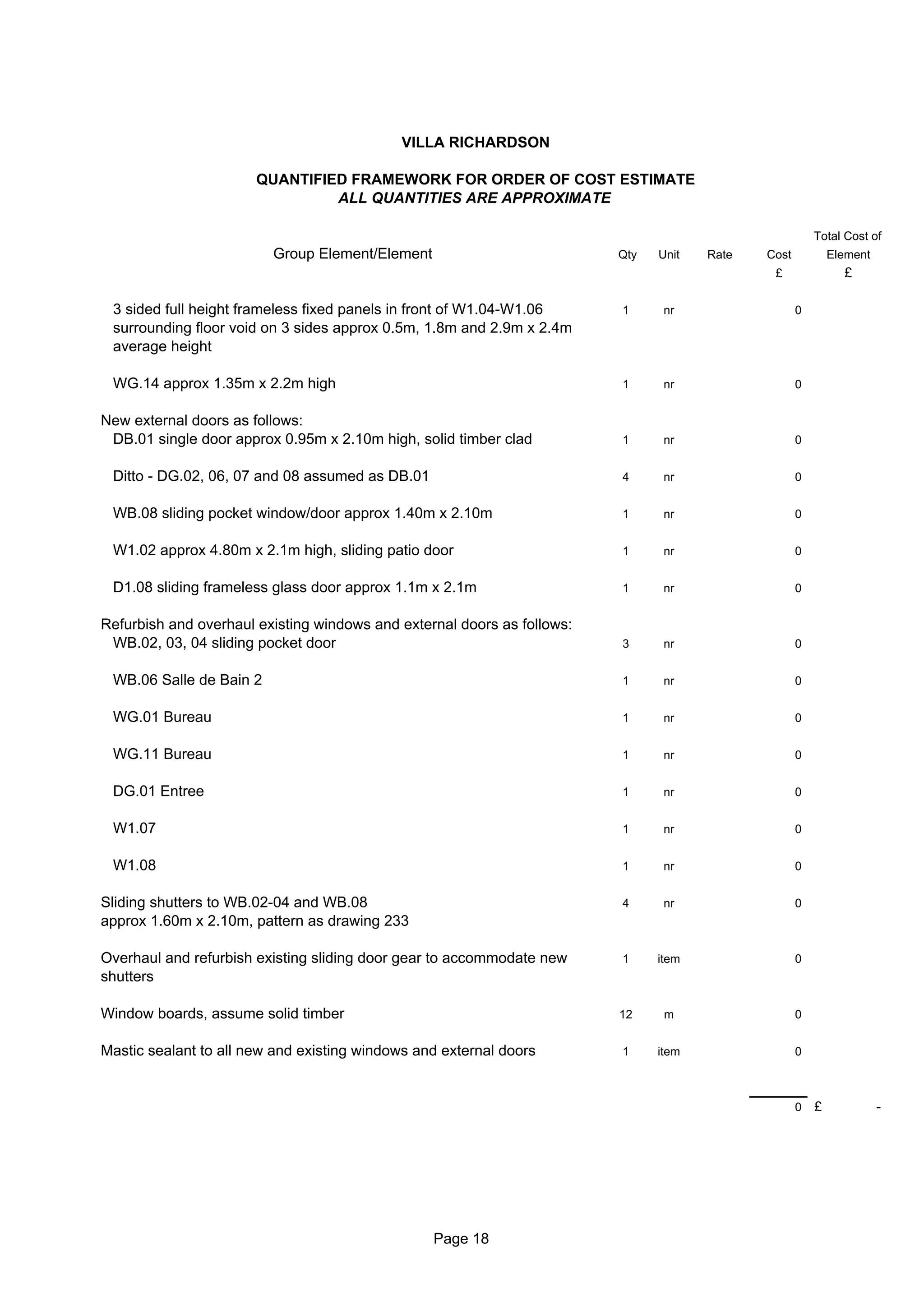 VILLA RICHARDSON

                       QUANTIFIED FRAMEWORK FOR ORDER OF COST ESTIMATE
                                ALL QUANTITIES ARE APPROXIMATE

                                                                                                        Total Cost of
                         Group Element/Element                           Qty   Unit   Rate   Cost           Element
                                                                                              £               £

 3 sided full height frameless fixed panels in front of W1.04-W1.06      1      nr                  0
 surrounding floor void on 3 sides approx 0.5m, 1.8m and 2.9m x 2.4m
 average height

 WG.14 approx 1.35m x 2.2m high                                          1      nr                  0


New external doors as follows:
 DB.01 single door approx 0.95m x 2.10m high, solid timber clad          1      nr                  0


 Ditto - DG.02, 06, 07 and 08 assumed as DB.01                           4      nr                  0


 WB.08 sliding pocket window/door approx 1.40m x 2.10m                   1      nr                  0


 W1.02 approx 4.80m x 2.1m high, sliding patio door                      1      nr                  0


 D1.08 sliding frameless glass door approx 1.1m x 2.1m                   1      nr                  0


Refurbish and overhaul existing windows and external doors as follows:
 WB.02, 03, 04 sliding pocket door                                       3      nr                  0


 WB.06 Salle de Bain 2                                                   1      nr                  0


 WG.01 Bureau                                                            1      nr                  0


 WG.11 Bureau                                                            1      nr                  0


 DG.01 Entree                                                            1      nr                  0


 W1.07                                                                   1      nr                  0


 W1.08                                                                   1      nr                  0


Sliding shutters to WB.02-04 and WB.08                                   4      nr                  0
approx 1.60m x 2.10m, pattern as drawing 233

Overhaul and refurbish existing sliding door gear to accommodate new     1     item                 0
shutters

Window boards, assume solid timber                                       12     m                   0


Mastic sealant to all new and existing windows and external doors        1     item                 0



                                                                                                    0   £             -




                                                 Page 18
 